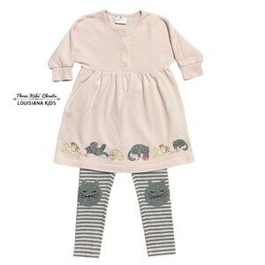 Hanna Andersson Pink Sz 100 (4) Cat Appliqué Dress & Striped Appliqué Leggings